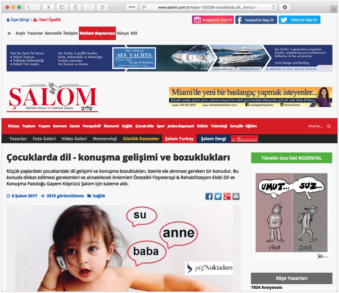 Şalom Gazetesi – Çocuklarda Dil-Konuşma Gelişimi ve Bozuklukları